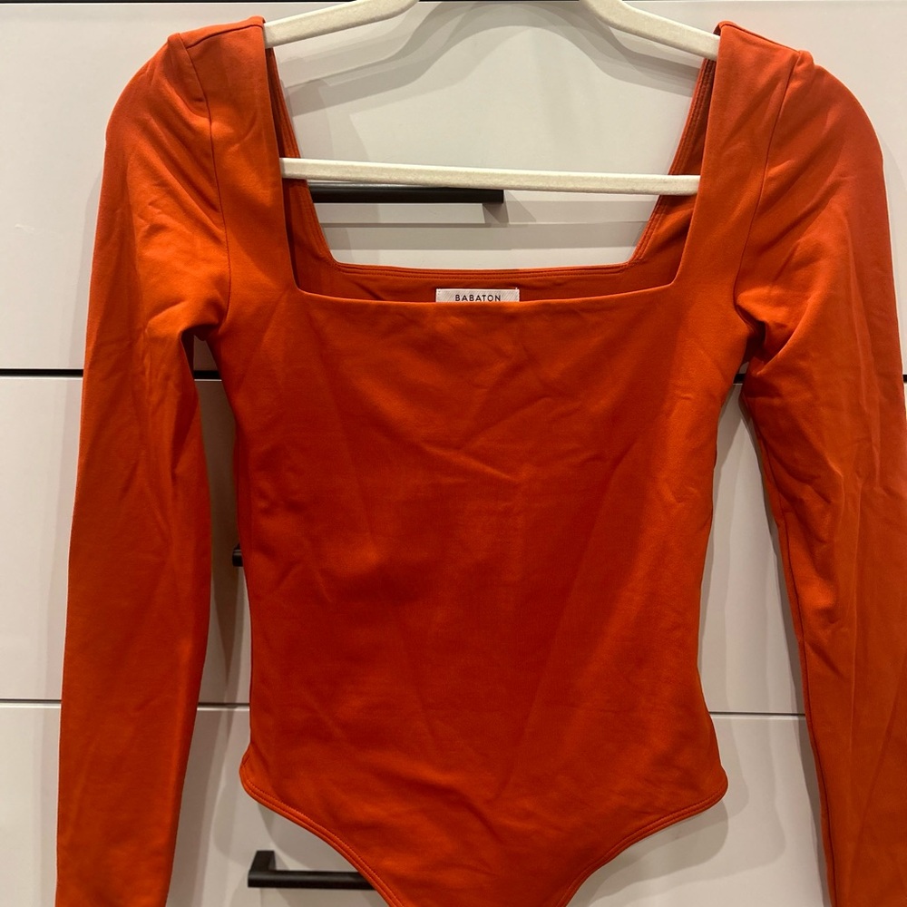 Babaton Orange Square-Neck Long-Sleeve Bodysuit